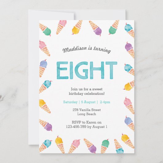 8e verjaardagsfeestje | Rainbow Ice cream uitnodig Kaart (Voorkant)