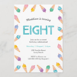 8e verjaardagsfeestje | Rainbow Ice cream uitnodig Kaart