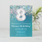 8e verjaardagsuitnodiging Blauwgroen zilveren glit Kaart (Staand voorkant)