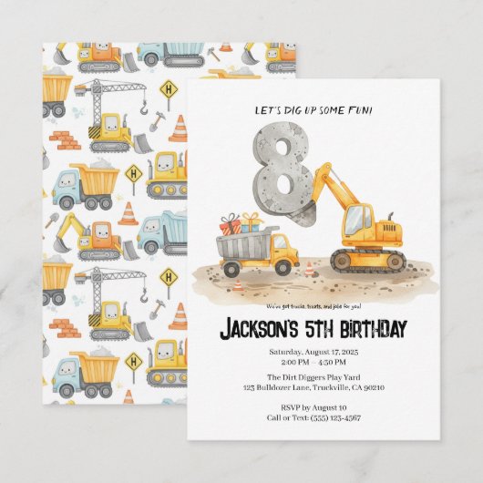 8e verjaardagsuitnodiging voor bouwjongens kaart (Voorkant / Achterkant)