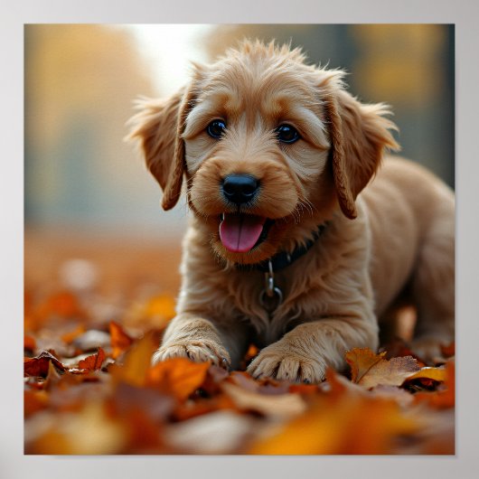 8K Hyper-Realistic Puppy in Autumn Maple Leaves Poster (Voorkant)