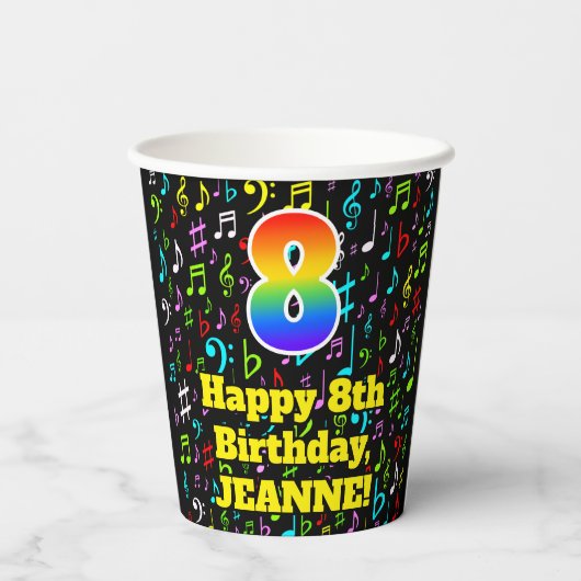 8ste Verjaardag: Plezier Muzieknoten Patroon, Rege Papieren Bekers (Achterkant)
