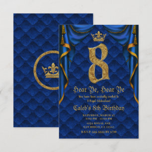 8ste verjaardagsfeestje koninklijk blauw gouden kr kaart