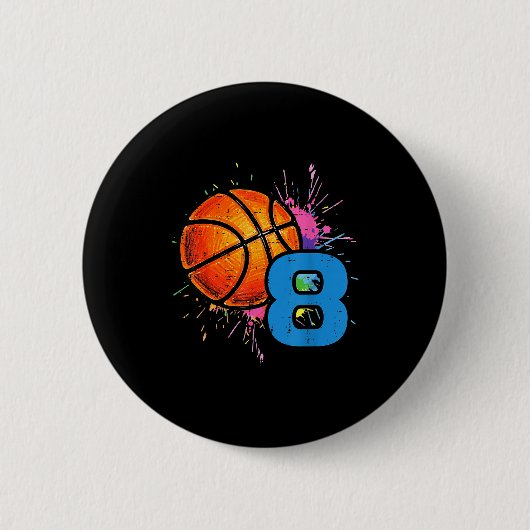 8th Birthday Basketball 8 Year Old Bday Srts Boys Ronde Button 5,7 Cm (Voorkant)