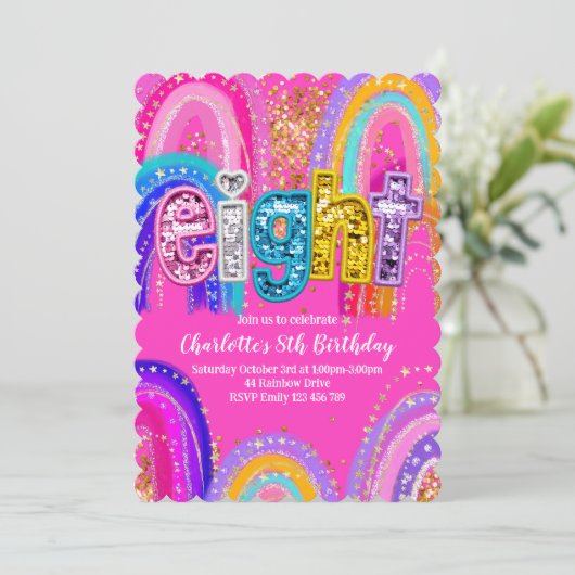 8th Birthday Cute Rainbow Invitations Kaart (Staand voorkant)