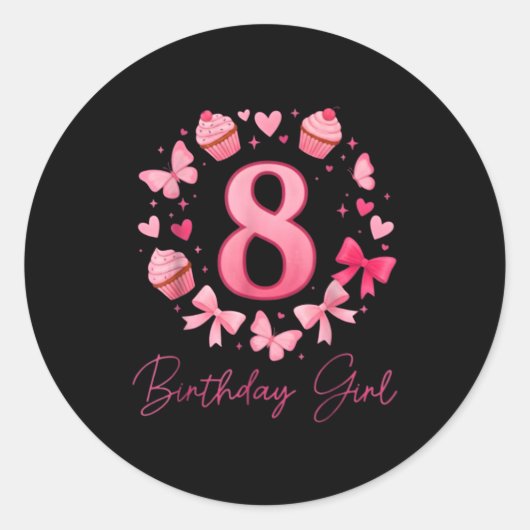 8th Birthday Girl Aesthetic Coquette Bow  Ronde Sticker (Voorkant)