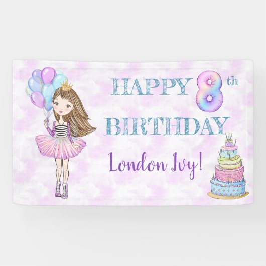8th Birthday Girl Princess Lavender Turquoise Spandoek (Horizontaal)