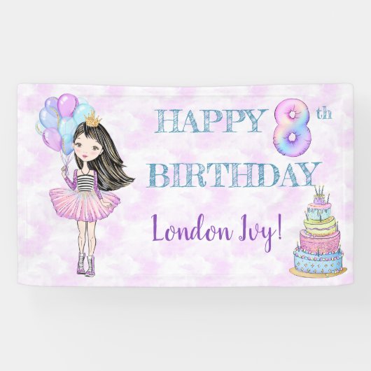 8th Birthday Girl Princess Lavender Turquoise Spandoek (Horizontaal)