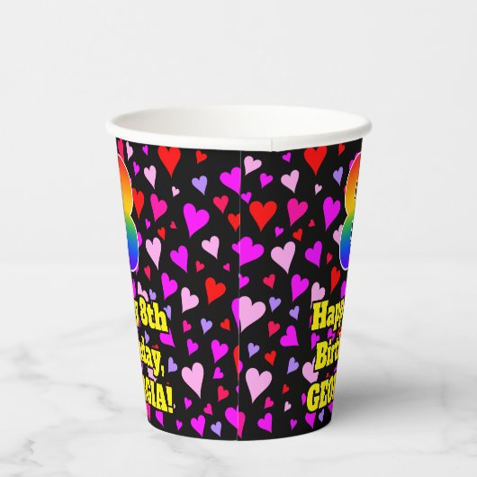 8th Birthday: Loving Hearts Pattern, Rainbow 8 Papieren Bekers (Rechts)