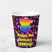 8th Birthday: Loving Hearts Pattern, Rainbow 8 Papieren Bekers (Voorkant)