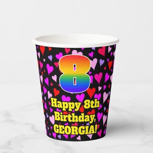 8th Birthday: Loving Hearts Pattern, Rainbow 8 Papieren Bekers (Voorkant)