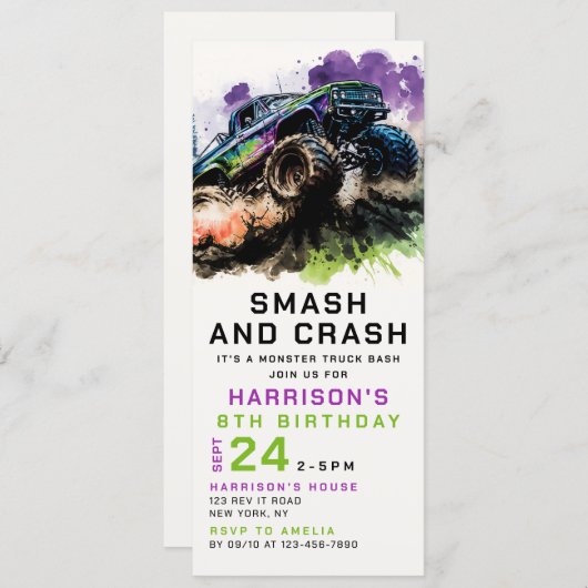8th Birthday Monster Truck Smash Crash Boy Kids Kaart (Voorkant / Achterkant)