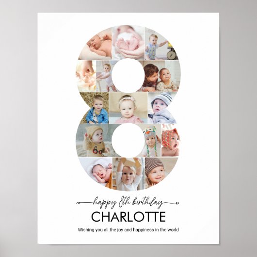 8th Birthday Number 8 Photo Collage Custom Picture Poster (Voorkant)
