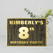 8th Birthday Party: Bold, Faux Wood Grain Pattern Folie Uitnodiging (Staand Voorkant)