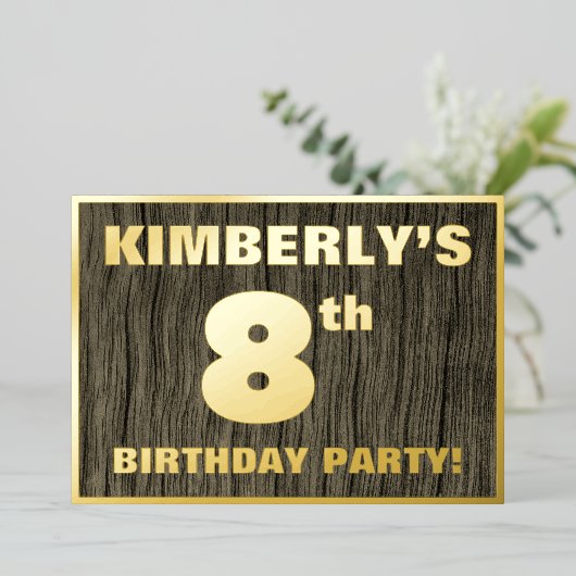 8th Birthday Party: Bold, Faux Wood Grain Pattern Folie Uitnodiging (Staand Voorkant)
