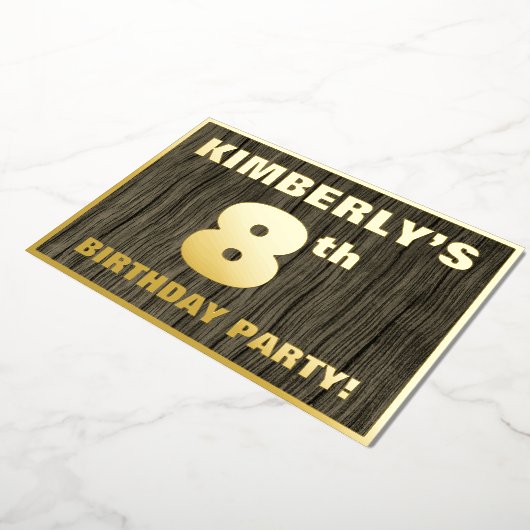 8th Birthday Party: Bold, Faux Wood Grain Pattern Folie Uitnodiging (Gedraaid)
