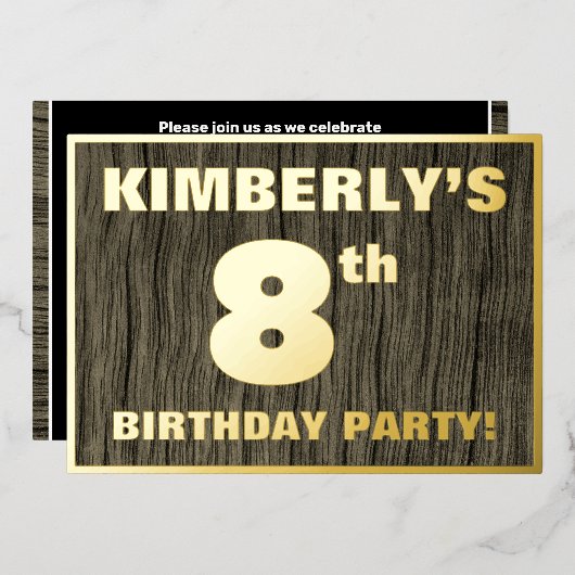 8th Birthday Party: Bold, Faux Wood Grain Pattern Folie Uitnodiging (Voorkant / Achterkant)