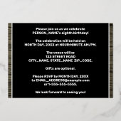 8th Birthday Party: Bold, Faux Wood Grain Pattern Folie Uitnodiging (Achterkant)