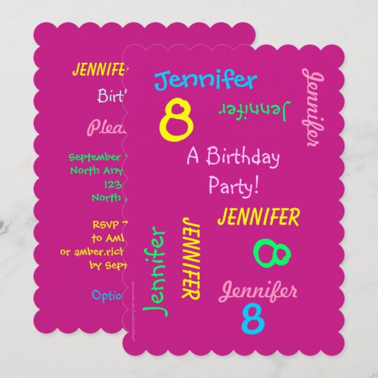 8th Birthday Party Invitation Hot Pink, namen Kaart (Voorkant / Achterkant)