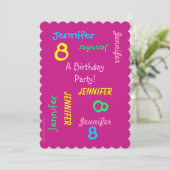 8th Birthday Party Invitation Hot Pink, namen Kaart (Staand voorkant)