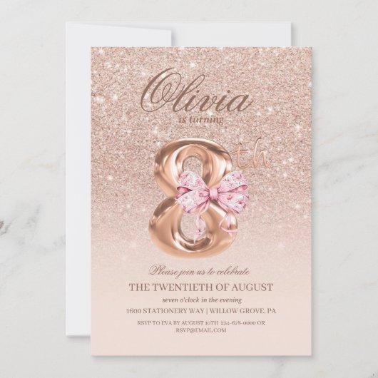 8th Birthday Rose Pink Gold  Bow Birthday Party  Kaart (Voorkant)