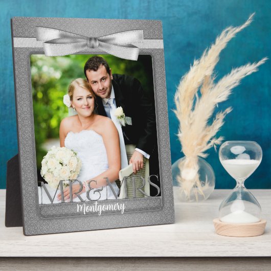 8x10 Mr en Mrs Wedding Foto in Silver Damask Fotoplaat (Zijkant)