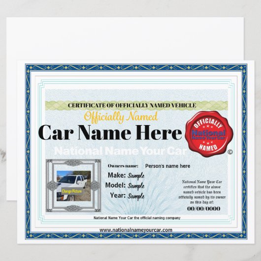 8x11 Nationale Naam Uw Auto officieel certificaat (Voorkant / Achterkant)
