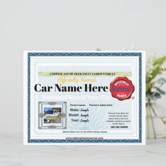 8x11 Nationale Naam Uw Auto officieel certificaat