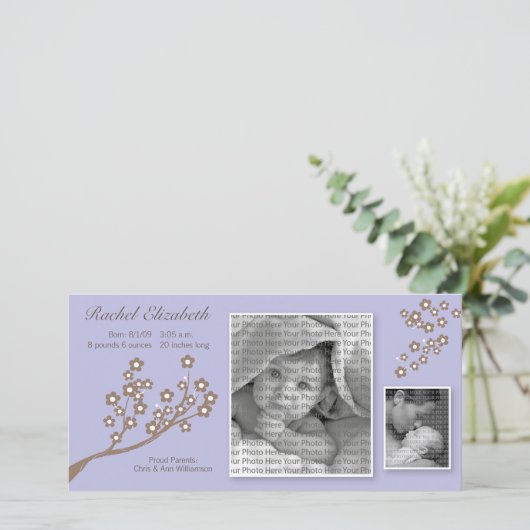 8x4 Branch Ontwerp Geboorteaankondiging Paarse/Bru Aankondiging (Staand voorkant)