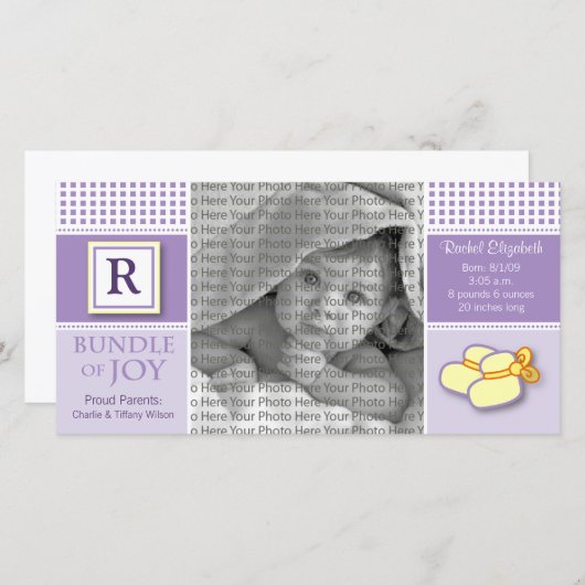 8x4 Paarse Gingham Monogrammed Geboorteaankondigin Aankondiging (Voorkant / Achterkant)
