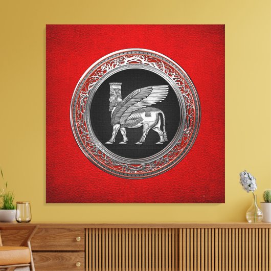 [900] Assyrian Winged Bull - Silver Lamassu Canvas Afdruk (Insitu (Woonkamer))