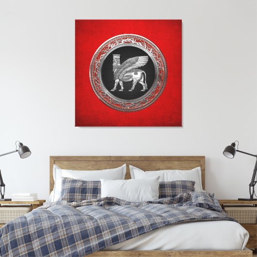 [900] Assyrian Winged Bull - Silver Lamassu Canvas Afdruk (Insitu (Slaapkamer))