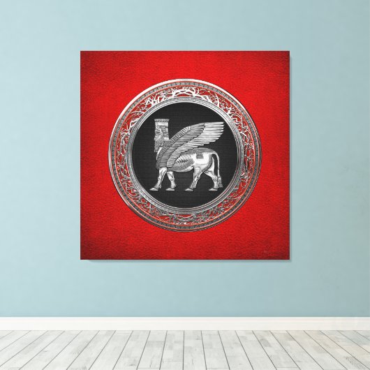 [900] Assyrian Winged Bull - Silver Lamassu Canvas Afdruk (Insitu (Houten vloer))
