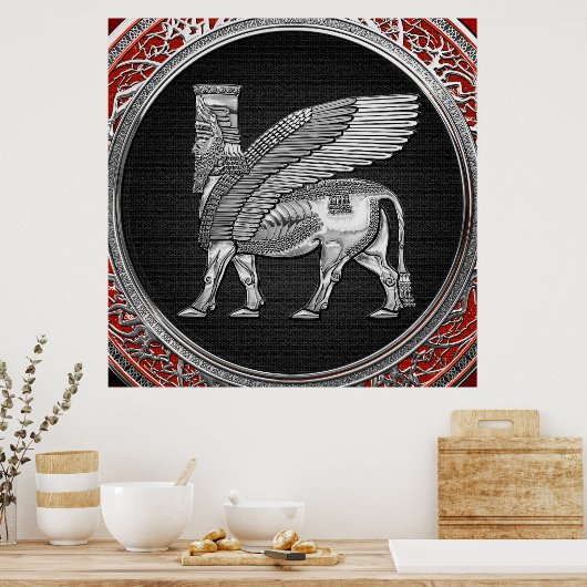 [900] Assyrian Winged Bull - Silver Lamassu Poster (Keuken)