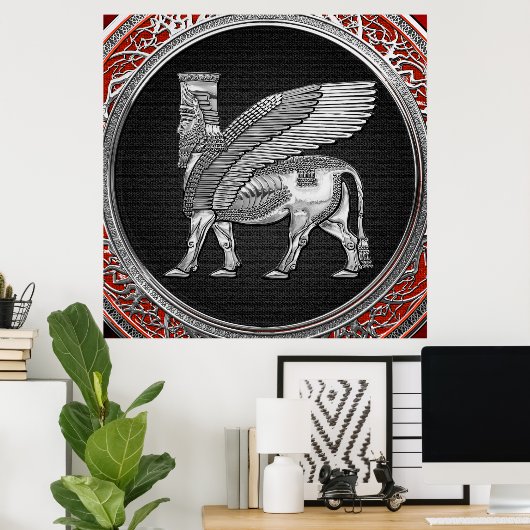 [900] Assyrian Winged Bull - Silver Lamassu Poster (Thuiskantoor)