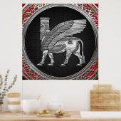 [900] Assyrian Winged Bull - Silver Lamassu Poster (Keuken)