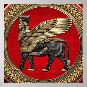 [901] Assyrian Winged Bull: Gold en Black Lamassu Poster
