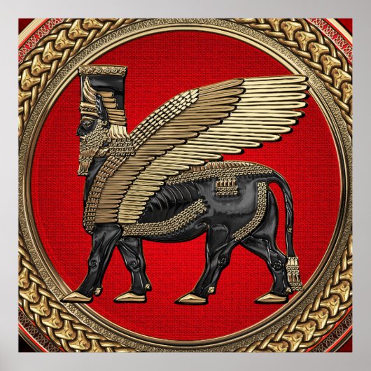 [901] Assyrian Winged Bull: Gold en Black Lamassu Poster (Voorkant)