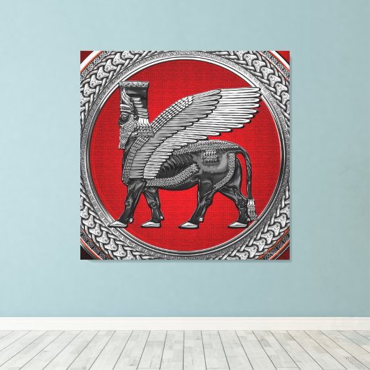 [901] Assyrische gevleugelde stier: zilver & zwart Canvas Afdruk (Insitu (Houten vloer))