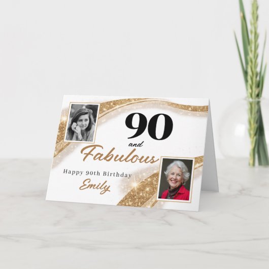 90 and Fabulous Gold Glitter Photo 90th Birthday Kaart (Voorkant)