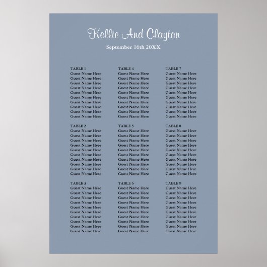 90 Blue Simple Wedding Seating Chart Poster (Voorkant)