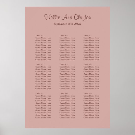 90 Cinnamon Roos Wedding Seating Chart Poster (Voorkant)