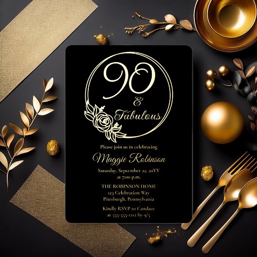 90 en Fabulous 90ste verjaardagsfeest gestempeld Folie Uitnodiging