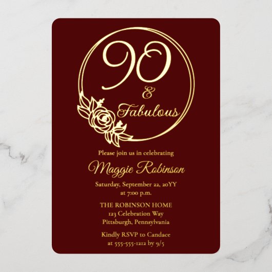 90 en Fabulous 90ste verjaardagsfeest gestempeld Folie Uitnodiging (Voorkant)