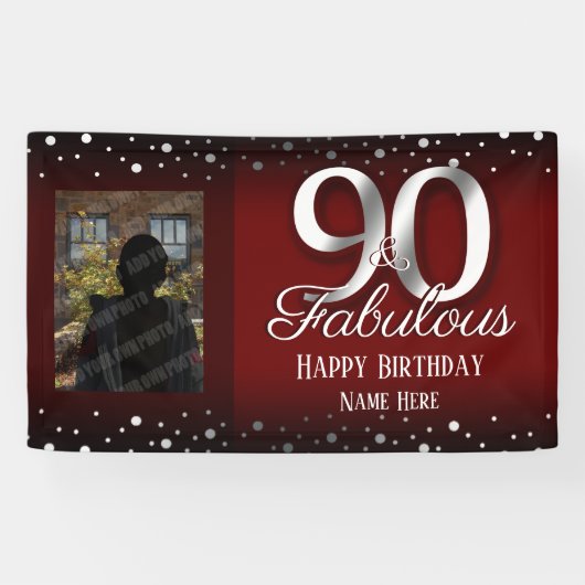90 en Fabulous Birthday Confetti Foto Spandoek (Horizontaal)