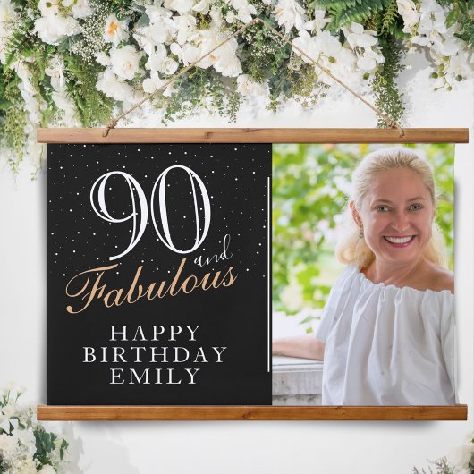 90 en Fabulous Elegant Black 90th Birthday Foto Hangend Wandkleed