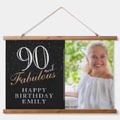 90 en Fabulous Elegant Black 90th Birthday Foto Hangend Wandkleed (Voorkant)