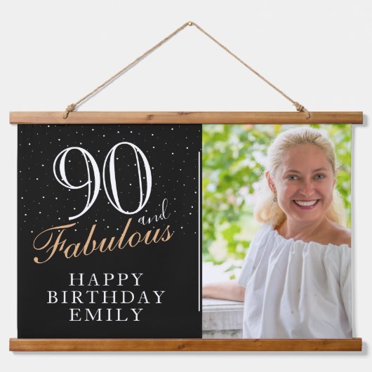 90 en Fabulous Elegant Black 90th Birthday Foto Hangend Wandkleed (Voorkant)