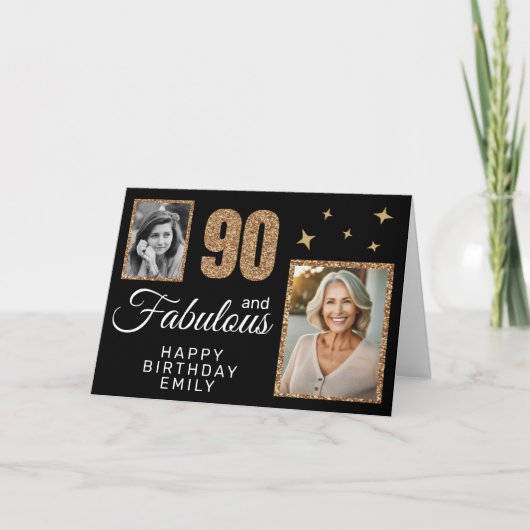 90 en Fabulous Gold Glitter 2 Foto 90e verjaardag Kaart (Voorkant)