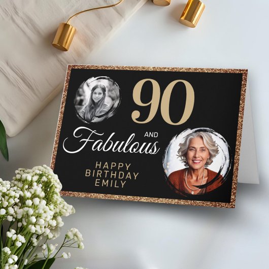 90 en Fabulous Gold Glitter 2 Foto 90e verjaardag Kaart